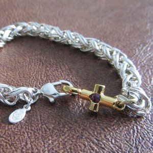 Twisted Rope Silver-tone Gold Cross Purple Gem 6.5" Bracelet - Premier Designs